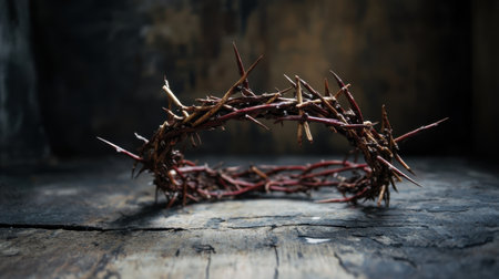 This striking image features a thorn crown set on a wooden surface, illuminated by soft dim light, creating a dramatic and symbolic atmosphere.の素材
