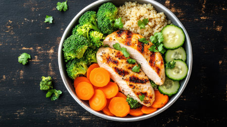 A nutritious bowl featuring grilled chicken, quinoa, and fresh vegetables like broccoli, carrots, and cucumber. Perfect for a healthy meal option.の素材