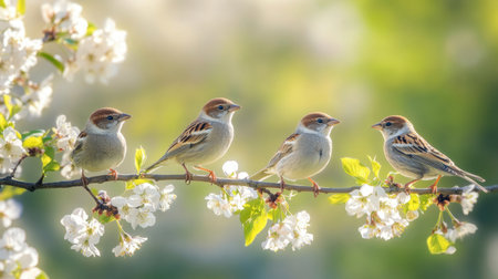 Four charming sparrows perched gracefully on a branch adorned with cherry blossoms, capturing the essence of spring's beauty in nature.の素材