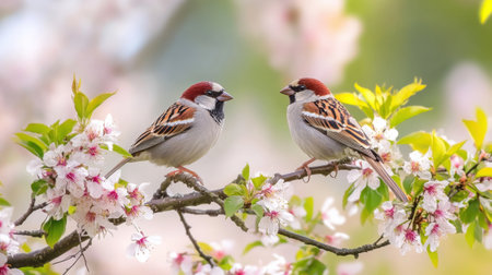 Two charming sparrows sit gracefully on a branch surrounded by delicate cherry blossoms. This serene and colorful scene captures the beauty of spring and nature.の素材