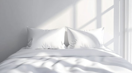 A serene minimalist bedroom featuring soft white bedding, fluffy pillows, and gentle sunlight filtering through the window, creating a calm and inviting atmosphere.の素材