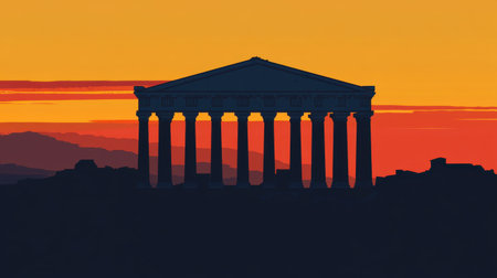 A stunning silhouette of an ancient temple stands against a vibrant sunset sky, highlighting its pillars and historical significance in a serene landscape.の素材