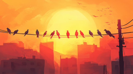 A captivating scene of birds perched on a power line against a vivid sunset backdrop. The warm colors evoke a sense of tranquility in an urban environment.の素材