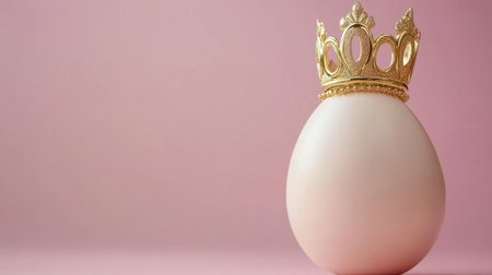 A minimalistic image featuring a single egg adorned with a golden crown against a soft pink background, perfect for themes of royalty and creativity.の素材