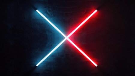 A striking composition of crossed neon lights in blue and red against a dark background, creating a captivating visual experience for artistic designs and modern decor.の素材