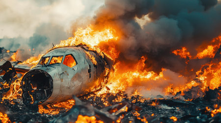 A dramatic scene of an airplane wreck engulfed in flames and thick smoke. The image captures the chaos and destruction of an aviation disaster.の素材