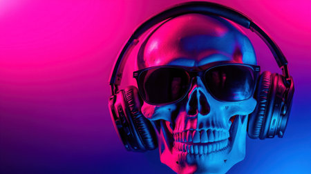 A vivid skull wearing headphones and sunglasses, surrounded by neon lights. This image captures a stylish blend of music, art, and vibrant energy ideal for party themes or creative projects.の素材