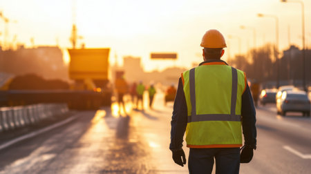 A construction worker in a safety vest and helmet observes roadwork at sunset. The scene captures urban labor dynamics and dedication to infrastructure development.の素材