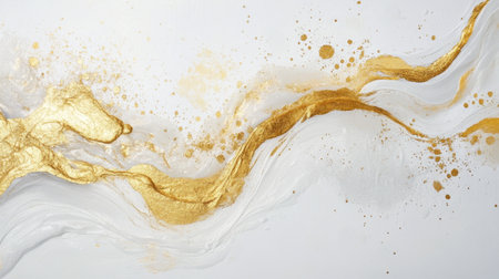 This elegant abstract artwork features a stunning interplay of gold and white, showcasing dynamic flowing patterns that evoke a sense of tranquility and modern sophistication.の素材