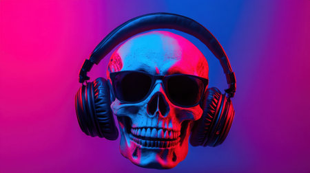 A striking image of a skull wearing headphones and sunglasses, illuminated with vibrant blue and pink neon lights, perfect for music and party themes.の素材