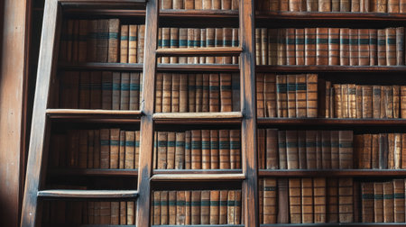 Explore a classic wooden bookshelf filled with old leather-bound books. This vintage interior exudes warmth and nostalgia, perfect for a cozy study environment.の素材