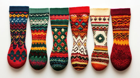 A vibrant assortment of handcrafted socks featuring intricate winter patterns. Perfect for adding warmth and style to any cozy outfit or holiday gift.の素材