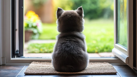 A fluffy puppy sits at a doorway, gazing out at a vibrant garden. The scene captures the essence of curiosity and tranquility in a home setting.の素材