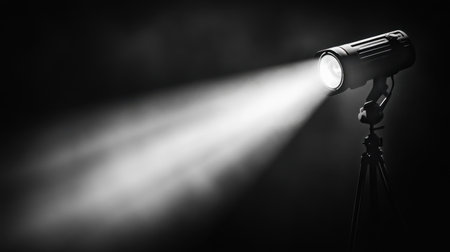 A striking black and white image of a spotlight casting a dramatic beam of light. The contrast creates a powerful visual effect, perfect for artistic projects.の素材