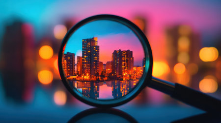 A mesmerizing city skyline captured through a magnifying glass, showcasing vibrant colors and lights reflected on the water, creating a stunning urban scene.の素材