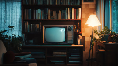 A nostalgic living room scene featuring a retro television set, warm lamp, and a bookshelf filled with books, creating a cozy atmosphere perfect for relaxation.の素材