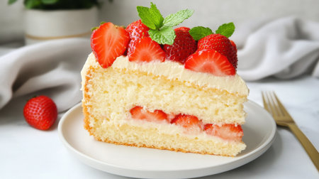 A delectable slice of fresh strawberry cake featuring creamy layers and mint garnish, perfect for summer celebrations and delightful desserts.の素材