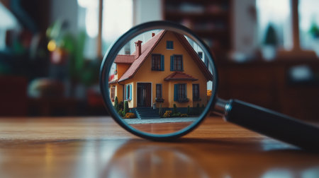 A cozy house is viewed through a magnifying glass resting on a wooden tabletop, highlighting details of architecture and home decor, creating a warm atmosphere.の素材