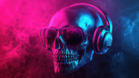 A striking skull adorned with headphones and stylish sunglasses, set against a vivid neon backdrop with colorful smoke, perfect for creative projects.の素材