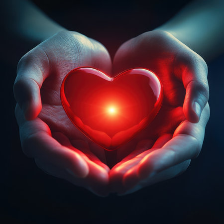 A pair of hands gently cradles a glowing red heart, representing love and compassion. This evocative image symbolizes connection and emotional support.の素材