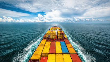 A vibrant image showcasing a container ship cruising through tranquil waters under a stunning sky. The colorful containers create a striking contrast against the calm sea and dramatic clouds.の素材