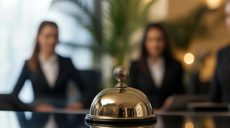 A polished reception bell situated prominently on a desk, with attentive hotel staff in the background, exemplifying exceptional service in a luxury setting.の素材