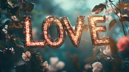 This enchanting image features a sparkling love sign surrounded by colorful flowers, creating a dreamy and romantic atmosphere perfect for any artistic project.の素材