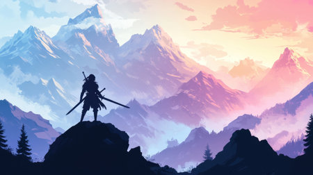 An artistic representation of a warrior silhouette against a stunning mountain landscape at sunrise, evoking a sense of adventure and tranquility.の素材