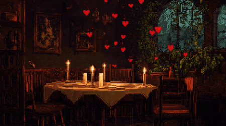 A cozy candlelit dinner setting with flickering candles and red hearts. Ideal for evoking feelings of love and intimacy in an enchanting atmosphere.の素材