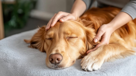 A golden retriever enjoys a soothing massage from its caring owner at home, showcasing the bond between pets and their humans. The scene captures warmth and relaxation.の素材
