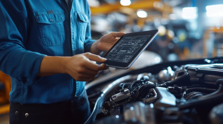 A mechanic in a blue shirt uses a tablet to perform diagnostics on an engine in a modern automotive workshop, showcasing the integration of technology in vehicle repair.の素材