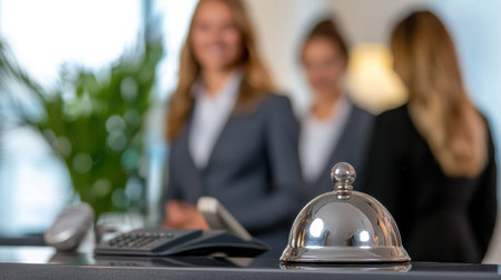 A modern reception area featuring professional women in business attire. The foreground shows a service bell, enhancing the welcoming ambiance.の素材