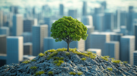 A solitary green tree stands majestically atop a rocky hill, contrasting with the distant city skyline. This striking composition highlights the harmony between nature and urban development.の素材