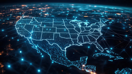 An intricate digital network map of the United States, highlighting connections and data flow. This vibrant illustration showcases the tech-driven landscape, evoking innovation.の素材