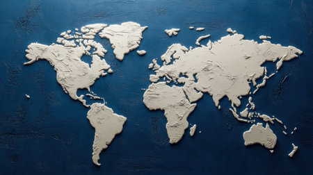 This relief world map on a blue background offers a unique perspective for educational content, travel planning, or artistic decoration. Ideal for classrooms or offices.の素材