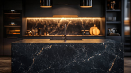 A stunning modern kitchen featuring a black marble island, elegant lighting, and a sleek design. Perfect for contemporary home aesthetics and culinary use.の素材