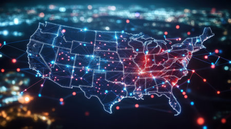 This digital map of the United States showcases vibrant network connections and data points, highlighting urban areas and technological infrastructure across the nation.の素材