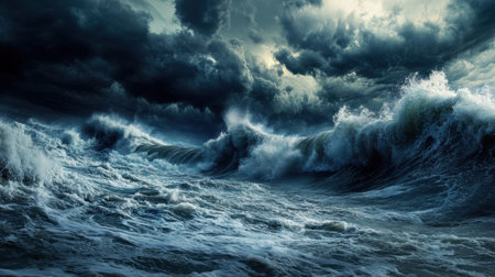 Experience the raw power of nature with this stunning image of turbulent ocean waves crashing against the shore, set against a backdrop of dark, stormy clouds.の素材