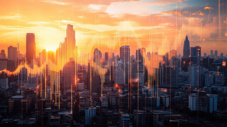 A breathtaking sunset over an urban skyline featuring vibrant colors, enhanced by a digital sound wave overlay, blending nature and technology beautifully.の素材