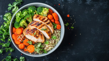 A vibrant bowl featuring grilled chicken, quinoa, and an assortment of fresh vegetables like broccoli and carrots, perfect for a healthy meal choice.の素材
