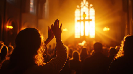 A captivating worship moment in a church, featuring raised hands against a backdrop of stunning light streaming through stained glass, evoking feelings of spirituality and community.の素材