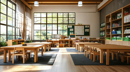 A spacious and bright classroom featuring wooden furniture, large windows, and natural light. Ideal for educational settings and creative learning environments.の素材