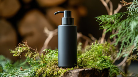 A sleek black pump bottle stands elegantly on moss and wood, surrounded by lush greenery. This minimalist design captures the essence of nature and tranquility.の素材