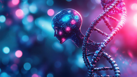 A mesmerizing visualization blending the concept of a robotic head with a DNA helix, symbolizing the fusion of technology and biology in a futuristic setting.の素材