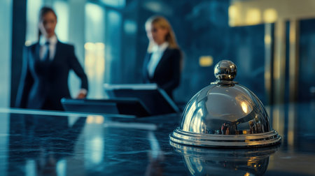 A polished service bell takes center stage in a modern reception area, highlighting the elegance and professionalism of the hospitality industry.の素材