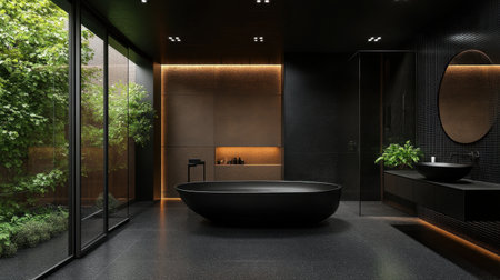Discover a modern bathroom featuring a sleek black bathtub, surrounded by lush greenery. This design offers a perfect blend of elegance and relaxation.の素材