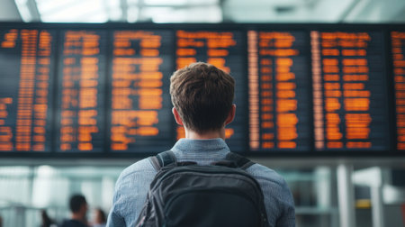 A young traveler stands with his backpack in front of a flight information board, observing departure and arrival times. The bustling airport atmosphere reflects anticipation and travel excitement.の素材