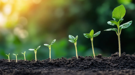 A series of seedlings emerging from dark soil, illustrating the stages of growth. This beautiful scene captures the essence of nature and renewal under bright sunlight.の素材