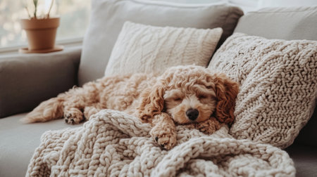 A charming dog peacefully sleeps on a cozy couch adorned with fluffy pillows and a knitted blanket, evoking a sense of comfort and tranquility in a warm home setting.の素材