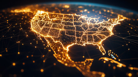 A captivating digital illustration showcasing an illuminated map of the United States at night, highlighting the vibrant connections between cities and regions.の素材